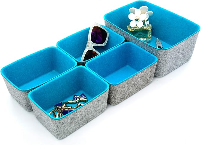 Welaxy office Drawer organizers bins Deep draw organiser Felt storage bin drawers Desk draw dividers boxes for toys makeup jewelery rolled ties organizing 5 pack (Turquoise)