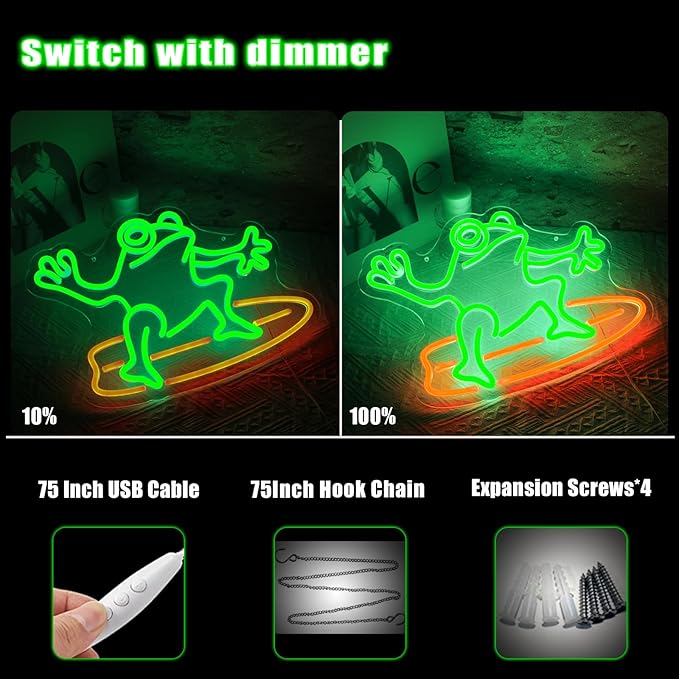 Surfing Frog Neon Sign Frog Neon Light LED Neon Sign for Wall Décor Dimmable LED Neon Light for Bar Restaurant Music Concert Man Cave Wall Art 15.2"×12.8"