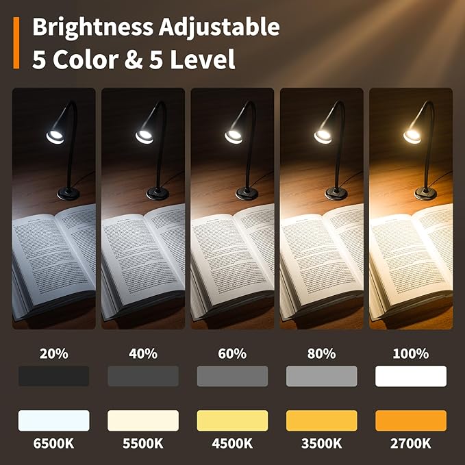 Book Light for Reading at Night in Bed, Wall Mount Reading Light for Bedside,Headboard, Eye Care LED, 5 Color & Brightness Dimmable, Flexible Gosseneck, 2 Pack