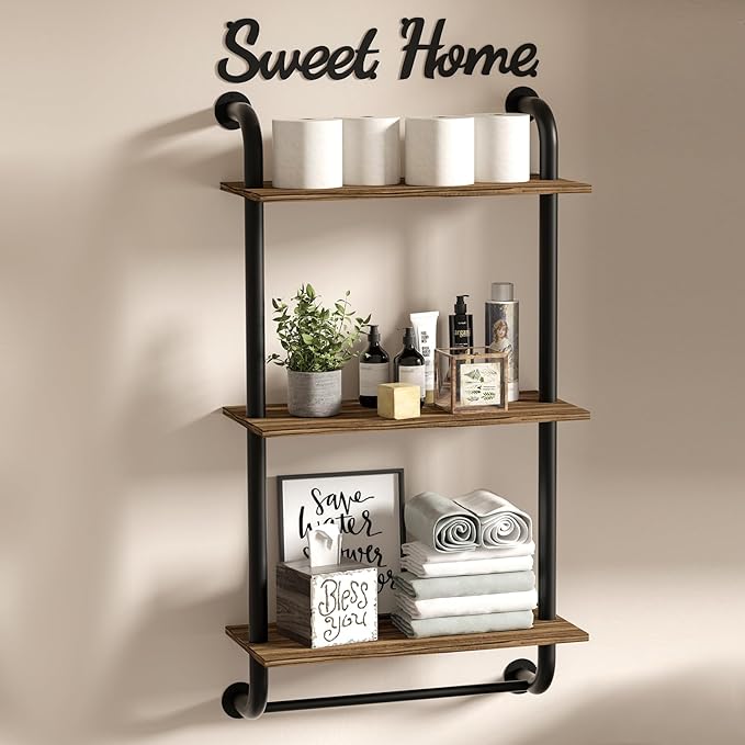 Bathroom Shelves Wall Mounted, 3-Tier Rustic Wood Wall Shelf, 17.3 inch Industrial Pipe Floating Bathroom Shelf,Brown