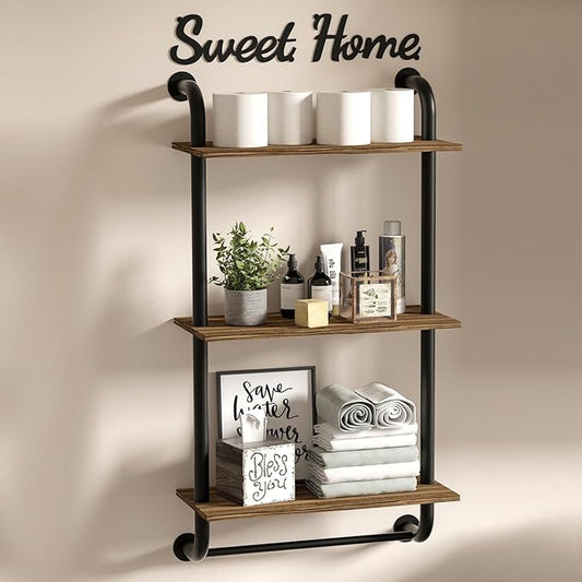 Bathroom Shelves Wall Mounted, 3-Tier Rustic Wood Wall Shelf, 17.3 inch Industrial Pipe Floating Bathroom Shelf,Brown