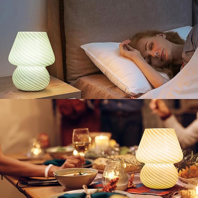 USB Plug-in Mushroom Lamp Small Bedside Table Lamp with 3 Temperature LED Bulb,Free Dimming Nights Light for Bedroom/Living Room/Entryway/Corner Decor (Stripe Green)
