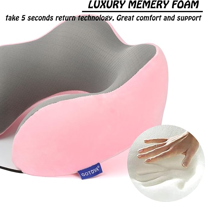GOTDYA Travel Pillow,Travel Neck Pillows for Sleeping,100% Pure Memory Foam Soft Comfort & Support Pillow for Airplane/Car/Office&Home Rest Use-Pink