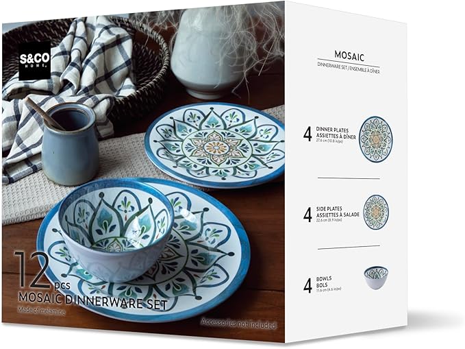 Melamine Dinnerware Sets, Service for 4. Unbreakable Dishes. Scratch Resistant Melamine Ware. Plates and Bowls. Dishwasher Safe Platos De Melamina Mosaic Design. Beautifully Packaged Gift Box