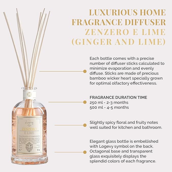 Logevy Firenze 1965 Zenzero e Lime – Ginger & Lime Luxury Home Fragrance Diffuser from Master Perfumer with Spicy, Floral & Fruity Notes in Elegant Glass Bottle with 10 Natural Bamboo Reeds –250ml