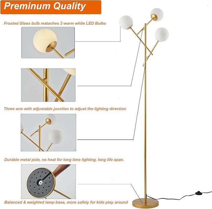 Fiqevs 3 Globe Floor Lamp with 2700K Warm Light & LED Bulbs Included, Mid Modern Gold Standing Lamp with Adjustable Lampshade, Arc Sputnik Tree Tall Lamp for Living Room, Bedroom - Antique Brass