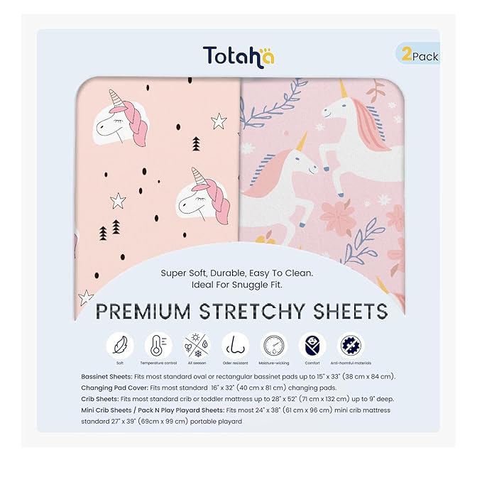 TotAha Premium Stretchy Unicorn Crib Sheets (2-Pack)-Hypoallergenic, Silky Comfort, Buttery Soft, Calming Effect, All-Season Jersey-Knit Sheets, 9'' Extra Deep Pocket
