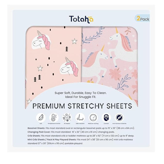 TotAha Premium Soft Unicorn Pack n Play Sheets, Super Stretchy Jersey Knit Mini Crib Sheets Fitted, Silky Comfort Graco Pack and Play Mattress Sheets, 2 Pack