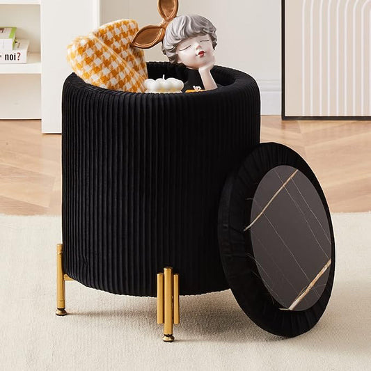 Mxfurhawa Round Ottoman Foot Stool with Storage and Metal Legs for Living Room Bedroom, Velvet Upholstered Footrest Stool Support 300lbs Modern Padded Seat Ottoman Coffee Table (Black)