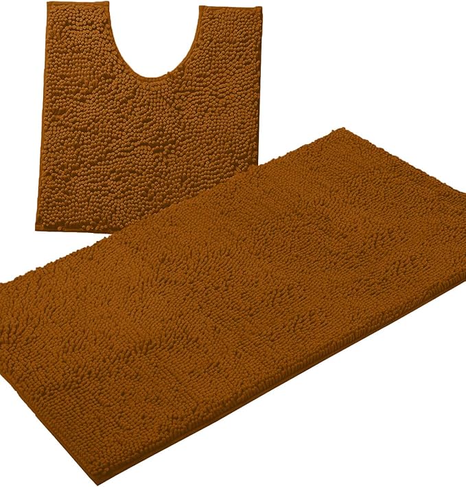Bathroom Rugs Sets 2 Piece, Luxury Chenille Bath Mat Set, Soft Plush Anti-Slip Bath Rug + U-Shaped Toilet Mat. Microfiber Shaggy Carpet, Super Absorbent (24” x 36” & 20” x 24” U, Pumpkin)