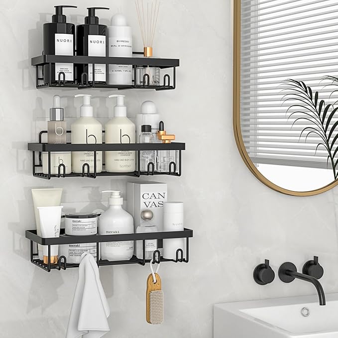 10 Pack Shower Caddy Organizer Rack Shelf for Inside Shower, Self Adhesive Wall Storage Basket Rustproof Stainless Steel Shampoo Holder Bathroom Accessory Decor Set, Black