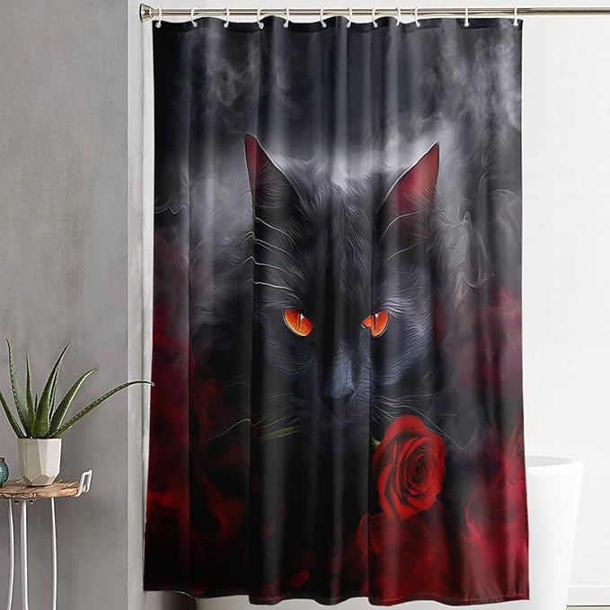AILONEN 3D Black Cat Shower Curtain,Cat with Red Rose Polyester Cloth Bath Curtain Set for Kids Boys,Fog with Flowers Waterproof Shower Curtain for Bathroom, 48" W*72" H Black