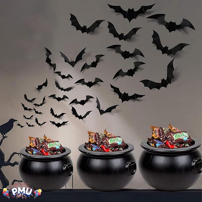 PMU 3pc- 18",16",12" Inch Halloween Cauldron Pot Kettle, Black Plastic Witch Cauldron Kettle, Halloween Party Decorations