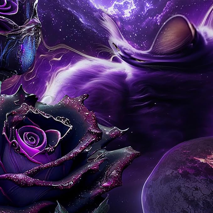 AILONEN 3D Cat Shower Curtain Set, Oil Purple Rose with Black Cat Cloth Bath Curtain for Kids Boys Girls,Boho Starry Night Shower Curtain for Bathroom,36" W*72" H