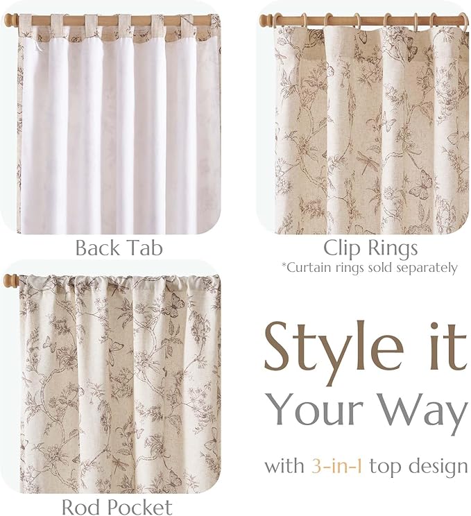 jinchan Floral Curtains Lined Linen Blend Curtain for Living Room 63 Inch Length Taupe Farmhouse Flower Patterned Curtain French Country Curtains Drapes Back Tab Rod Pocket 2 Panels