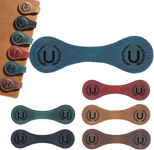 Magnetic Leather Bookmark with 26 Initial for Reading Women,Personalized Magnet Book Marks Gifts for Men,Book Lovers (Blue, U)