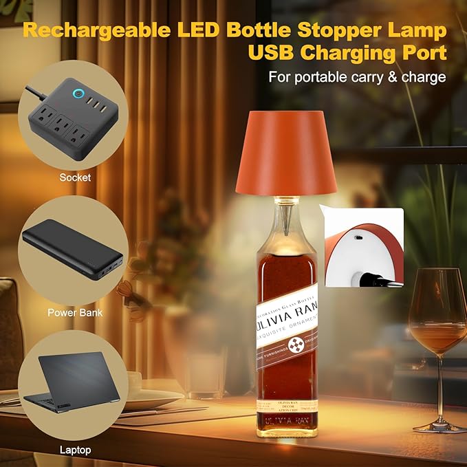 Wireless Bottle Lamp, 2025 New 3 Color Rechargeable Wine Bottle Lights for Bars Restaurants (Orange, 1PC)