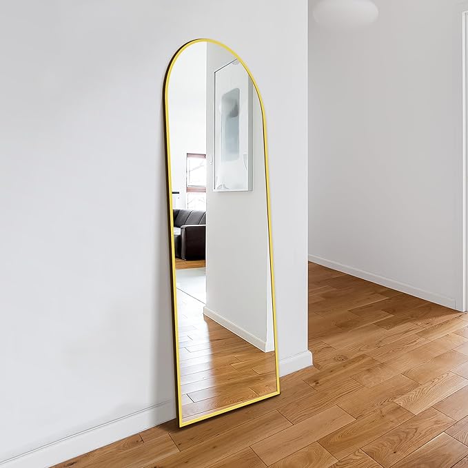 Delma Wall Mirror Full Length Mirror,Standing Mirror Full Body,Large Floor Mirror for Wall Door Bedroom Bathroom Living Room with Aluminium Frame(with Stand,Arch 56x20-Gold)