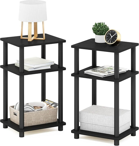 Furinno Just 3-Tier Turn-N-Tube End Table / Side Table / Night Stand / Bedside Table with Plastic Poles, 2-Pack, Americano/Black