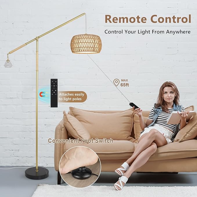 Gold Floor Lamp with 3 Color Temperatures, Floor Lamps for Living Room with Remote and LED Dimmable Bulb, Farmhouse Arc Standing Lamp, Rattan Floor Lamp for Bedroom, Adjustable Over Couch Tall Lamp