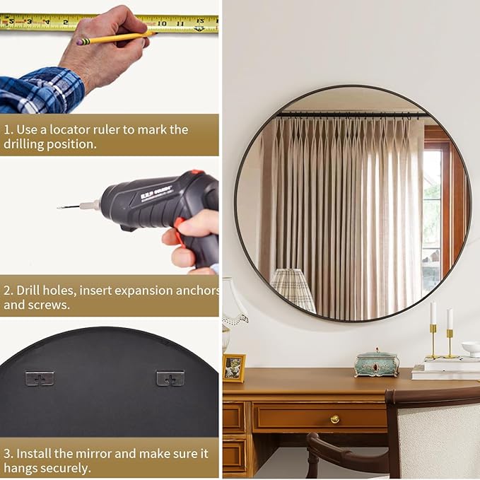 Black Round Mirror, 18 Inch Bathroom Mirror with Metal Frame, Wall Wall-Mounted for Entryway, Bathroom, Vanity, Living Room
