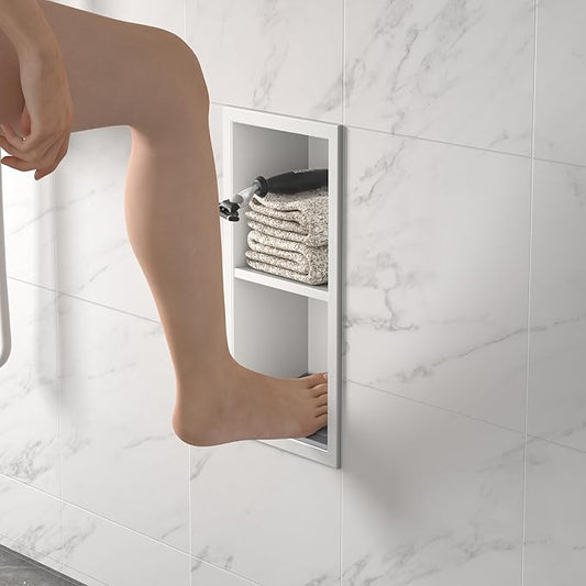 Shower Niche, 304 Stainless Steel Shower Stool for Bathroom, Recessed Shower Footrest w/Over Mount Installation, No Tile Needed (Matte White, 12.3''x6'')