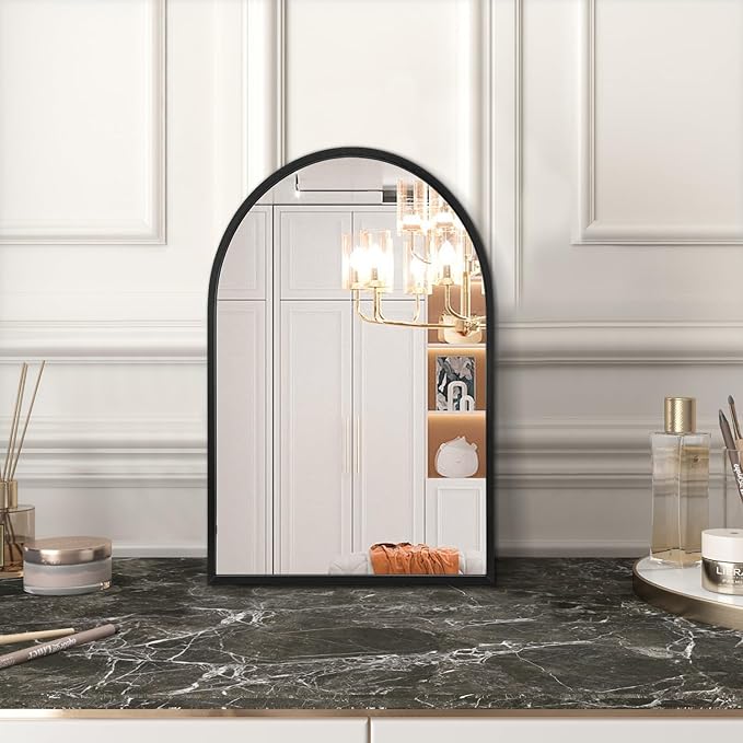 Black Arched Wall Mirror Aluminum Alloy Frame Bathroom Mirror Brushed Metal Vanity Wall Mounted Mirror for LivingRoom Bedroom Entryway Room Home Decor 16"x12"