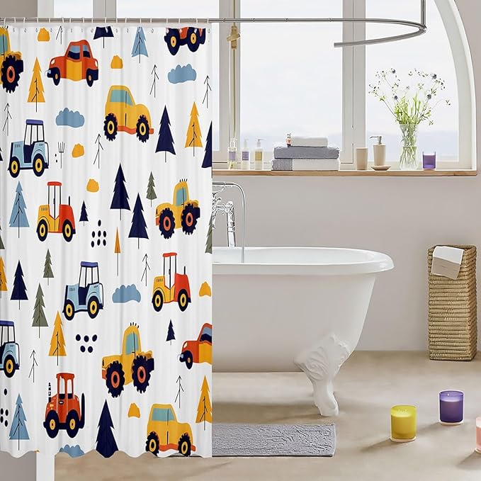Feelyou Excavator Shower Curtain Cartoon Car Bathroom Shower Curtain Set Construction Vehicles Bath Curtain for Kids Boys Girls Equipment Trucks Kids Bathroom Accessories 72"x84"
