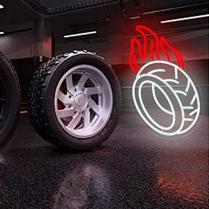 Car Wheel Neon Sign for Wall Decor, Dimmable LED Neon Light Sign for Car Repair Shop, Man Cave, Dad's Garage, Car Workshop