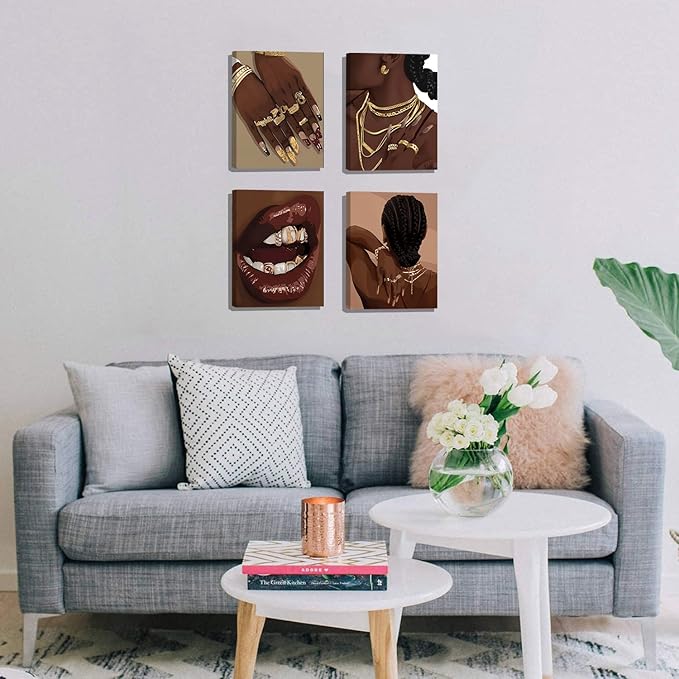 Black Woman Framed Canvas Art Printing,Boho Black Female Wall Art,Black Girl Art Poster,Abstract African American Woman Wall Art Decor for Home Bedroom - Set of 4 (8"X10",Built-in frame)