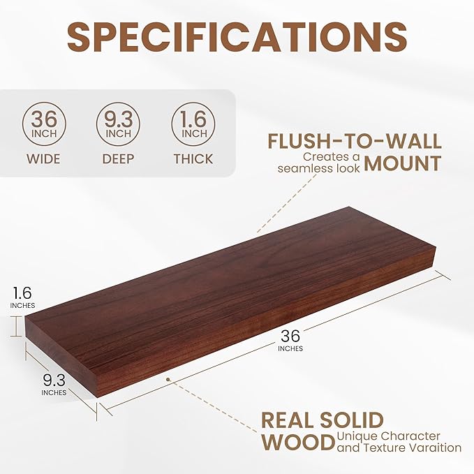 Fun Memories Deep Floating Shelves, Solid Wood Floating Shelves Wall Mounted, 9.3" Deep Floating Shelf for Living Room, Bedroom, 36 x 9 Large Wall Shelves for Books, Walnut Color, Set of 2