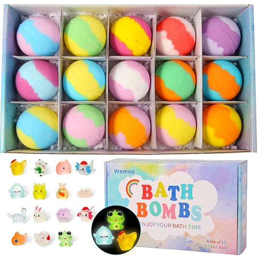 Bath Bombs with Toys Inside - 15pcs Bath Bombs with Glow in The Dark Surprise Inside, Natural and Colorful Bubble Bath Fizz for Kids, Gift Set for Birthdays, Halloween and Christmas