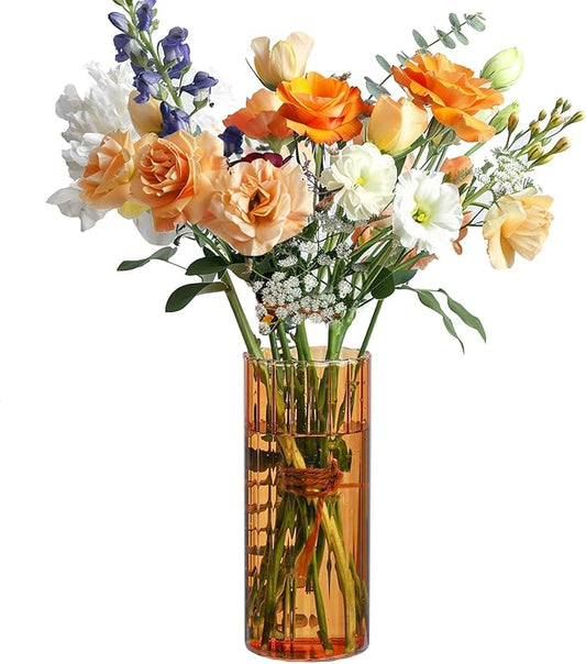 ComSaf Glass Cylinder Vases, Bud Vase for Centerpieces, 8 Inch Tall Ribbed Vase Hurricane Floating Candle Holder, Decorative Flower Vases for Wedding Reception, Home Decor, Housewarming Gift (Amber)
