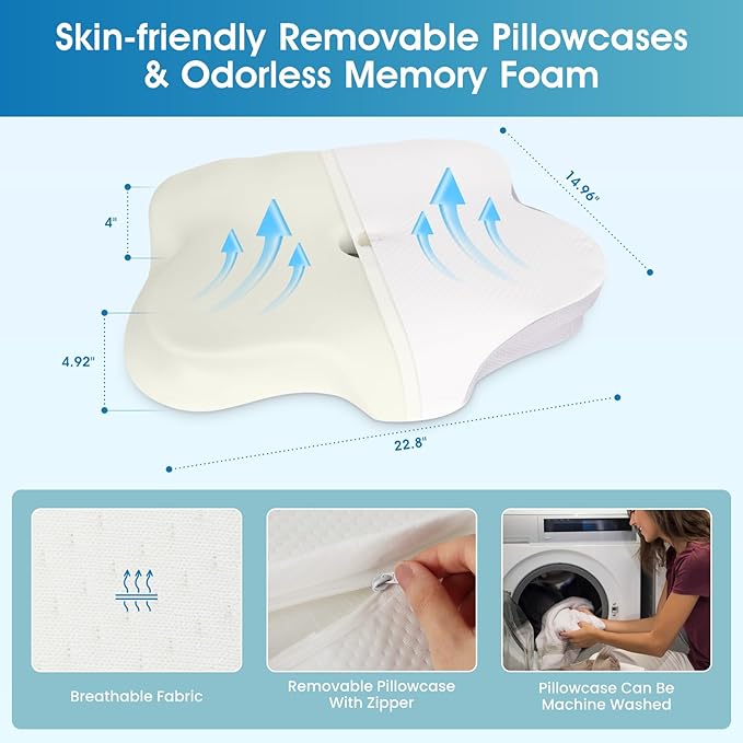 Desol Cervical Pillow for Pain Relief, Contour Memory Foam Pillows, Ergonomic and Orthopedic Pillow for Side Stomach Sleepers with Removable Pad