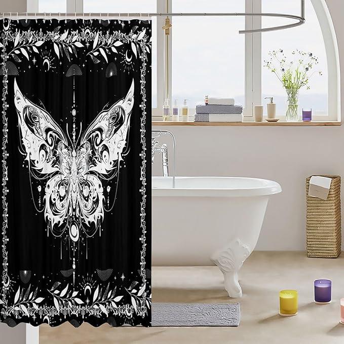 Feelyou Boho Butterfly Fabric Shower Curtain Bohemian Moth Shower Curtain for Kids Boys Girls Moon Galaxy Bathroom Waterproof Accessories with 12 Hooks Black and White Curtains,72X84 Inches