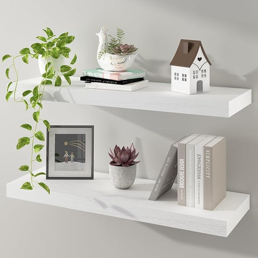 Floating Shelves 24 Inch Wall Shelf Solid Wood Mounted Storage for Bedroom Living Room Set of 2, White Wall Shelves