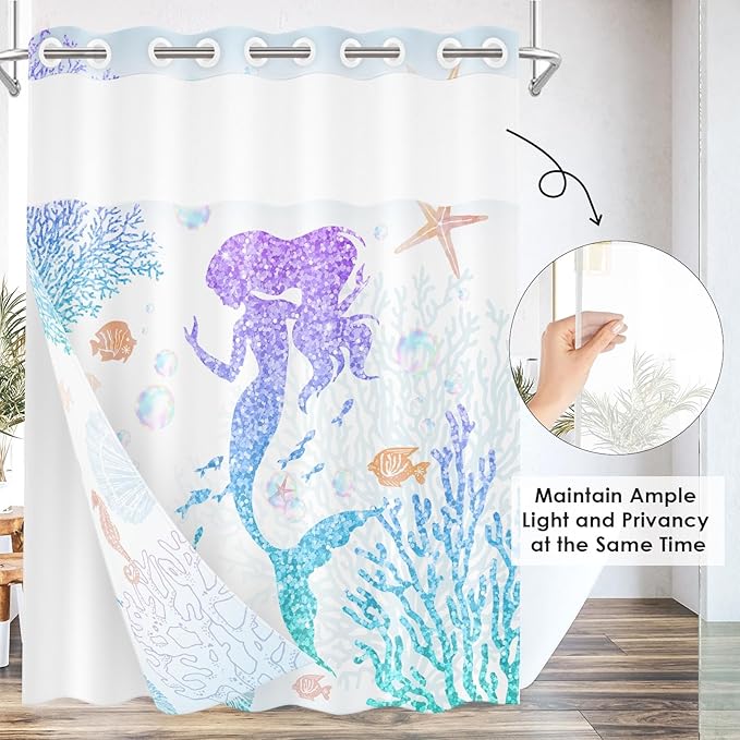 Mermaid Glitter No Hook Shower Curtain with Snap in Liner, Coral Starfish Seashell Underwater Bath Curtain with Double Layers Waterproof Fabric and Mesh Top Window 71x74 Inch