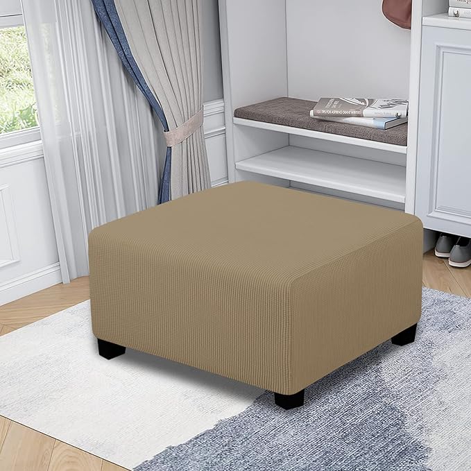 Easy-Going Stretch Square Ottoman Cover Folding Storage Stool Furniture Protector Soft Slipcover with Elastic Bottom (30x30x15inch, Tan)