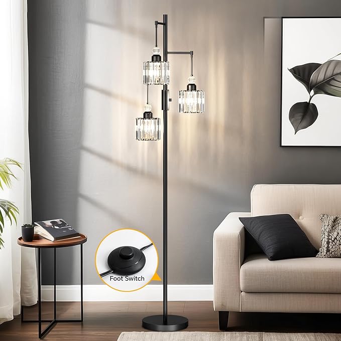 70" Black Tree Floor Lamp with 3 Crystal Cage Lampshades & Dimmable Bulbs - Vintage Glam Standing Lamp for Living Room Bedroom, Industrial Modern Decor with Crystal Ball Accents