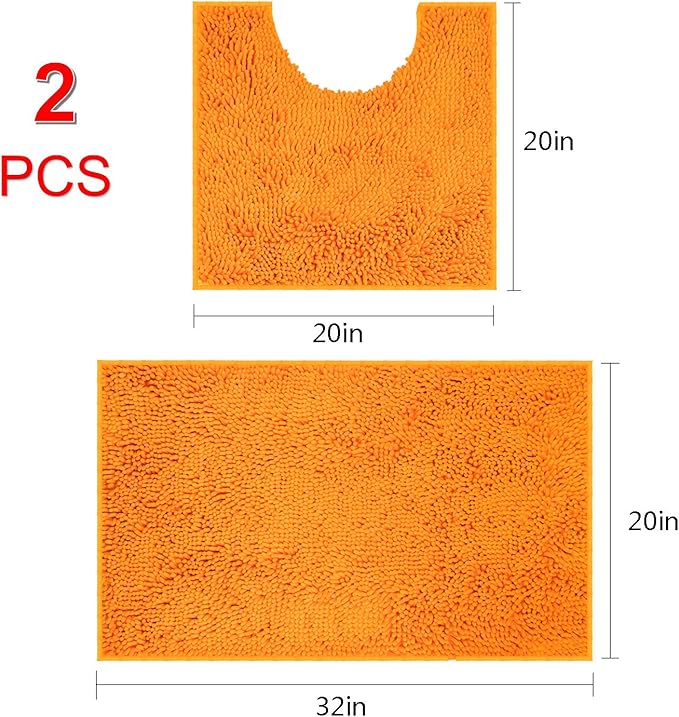 VAGAU Bathroom Rugs 2 Pieces Chenille Bath Rug Mat, Extra Thick and Soft Absorbent Bath Rugs, Machine Washable, Non-Slip Plush Bath Mats for Tub, Shower, and Bath Room (Orange)