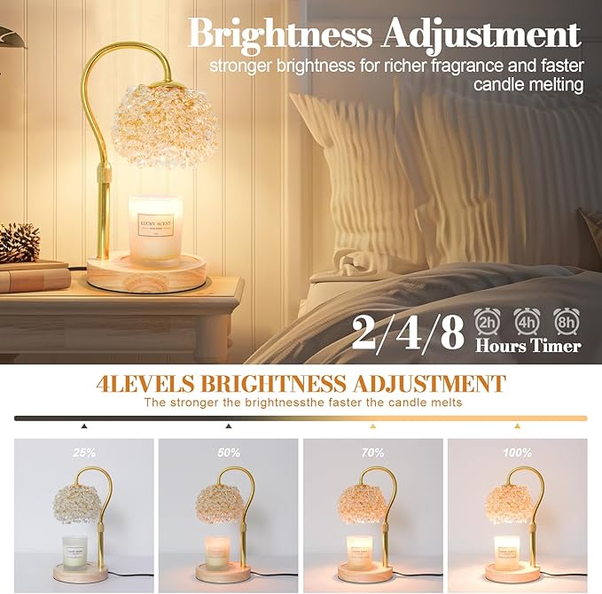 Candle Warmer Lamp with Timer, Dimmable Candle Lamp Warmer with 312 K9 Crystals Adjustable Height Electric Candle Warmer for Women Gifts, Wax Warmer Lamp with 2 Bulbs for Jar Candles
