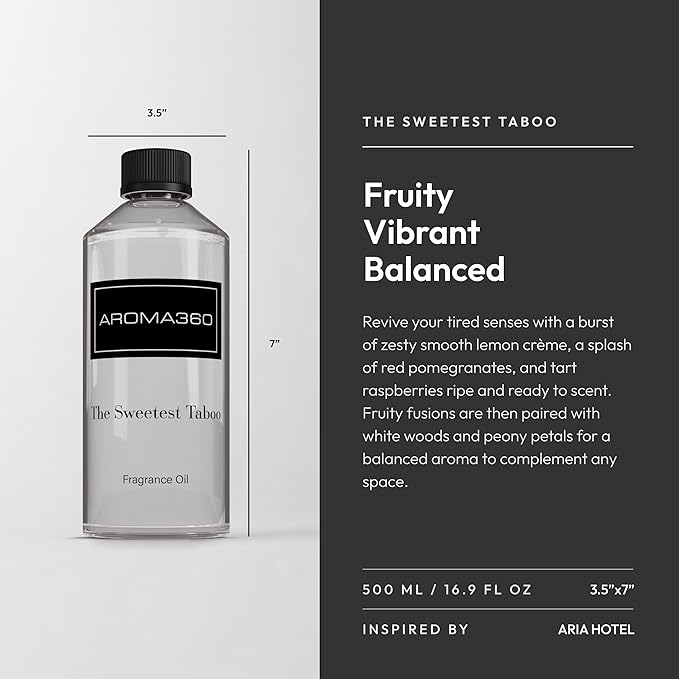 Aroma360 - The Sweetest Taboo Fragrance Oil Scent - Luxury Aromatherapy Scent Diffuser Oil - Hints of Lemon Crème, Pomegranates, & Raspberries - For Essential Oil Diffusers - For Home & Office - 500mL