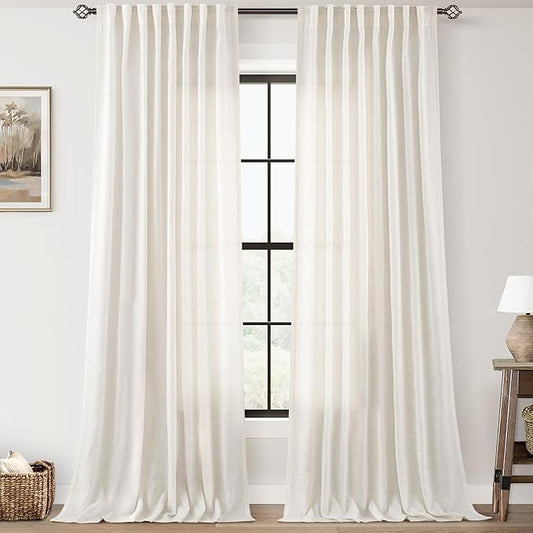 96 inch Long Linen Curtains 2 Panels for Living Room Back Tab Cream Ivory Light Filtering Semi Sheer Curtain 96 inches Long Boho Farmhouse Linen Drapes Floor to Ceiling Length 8 FT 60x96