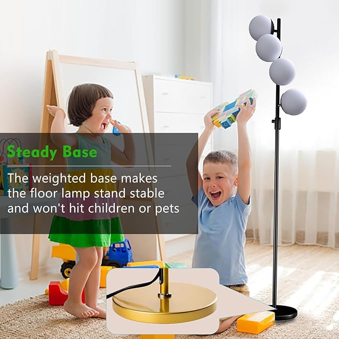 64IN Dimmable Black Floor Lamp, Tall Standing Lamps with 4 Globe Soft Warm White Eye Care 3000K G9 Bulbs, Mid Century Modern Floor Lamp for Bedroom Office