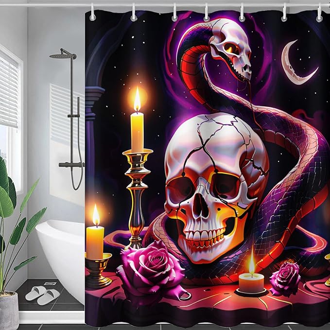 AILONEN Gothic Skull Shower Curtain for Bathroom,Terror Snake Skull Bath Curtain Decoration,Starry Skull Skeleton Print Waterproof Purple Curtain with 12 Plastic Hooks, 72" W*96" H