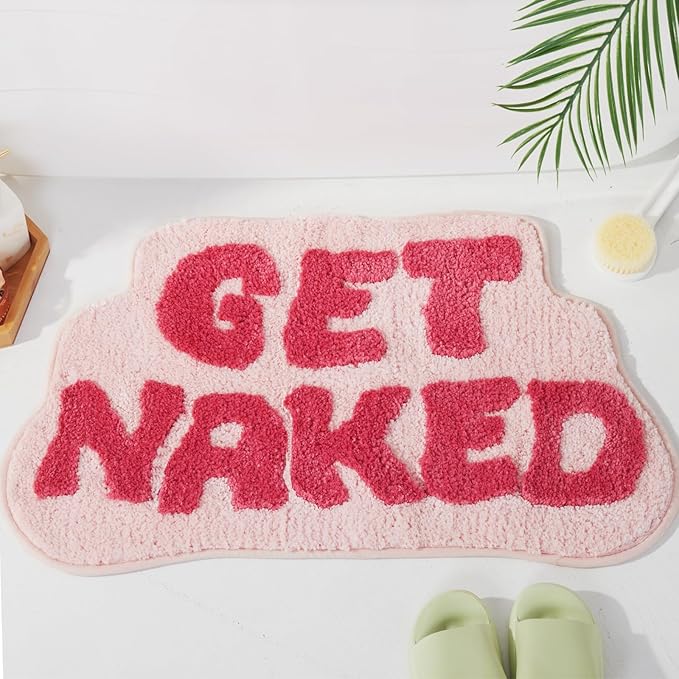 Irregular Shaped Get Naked Bath Mat Pink - Fun Bath mat, Small Preppy Bathroom Decor, Funny Aesthetic Bathroom Rugs for Apartmen Decor, Non-Slip Hot Pink Bath Rugs for Girls 31" x 18"