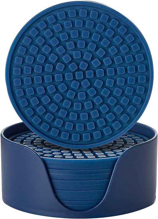 Colinda Silicone Drink Coasters with Holder, Set of 6, Outdoor Cup Mat for Hot or Cold Drinks, Thickened, Non-Slip,Non-Stick, Navy Blue