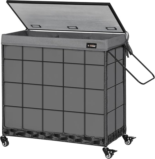 Laundry Hamper with Heavy Duty Caster Wheels; 3 Sections Clothes Hamper with Lid; 132L Laundry Basket with Removable Liner Bag; Laundry Sorter with Metal Handle (Grey)