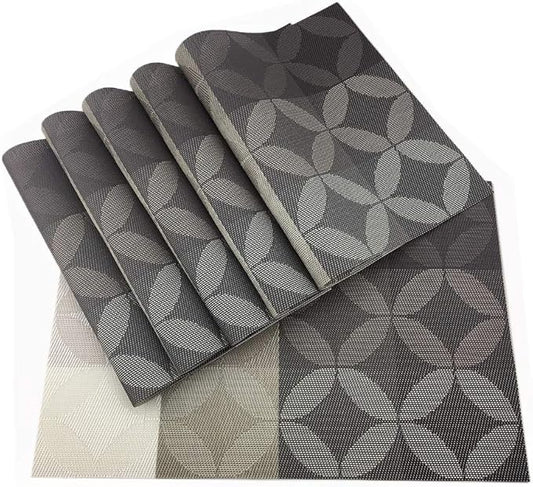 Set of 6 Heat-Resistant, Stain Resistant, Anti-Skid, Washable Non-Slip PVC Woven Vinyl Kitchen Table Mats - 30x45 cm (Black)