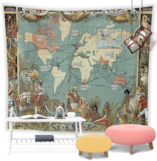 World Map Tapestry Wall Hanging for Kids Student 60 x 51Inch, World Map with Countries and Major Cities Tapestry Educational Wall Decorative Cloth for Bedroom Living Room Dorm Home Decoration